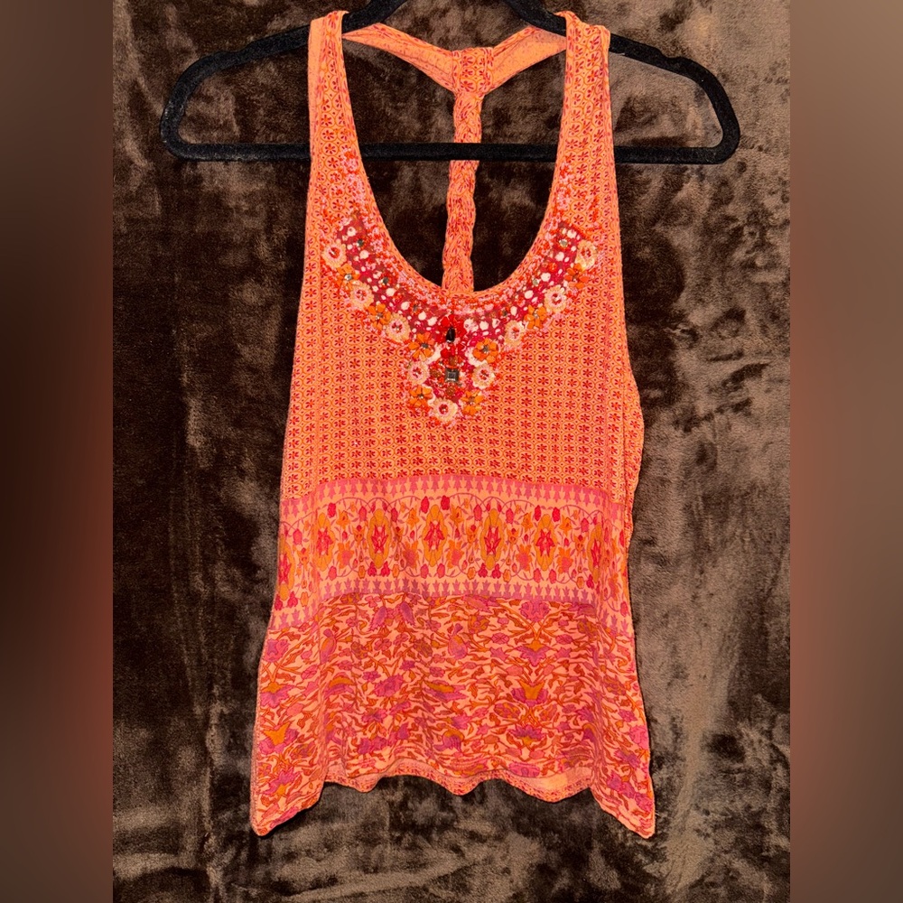 Marciano Beaded Tank Top with Braided Strap | Orange and Pink | Size: M